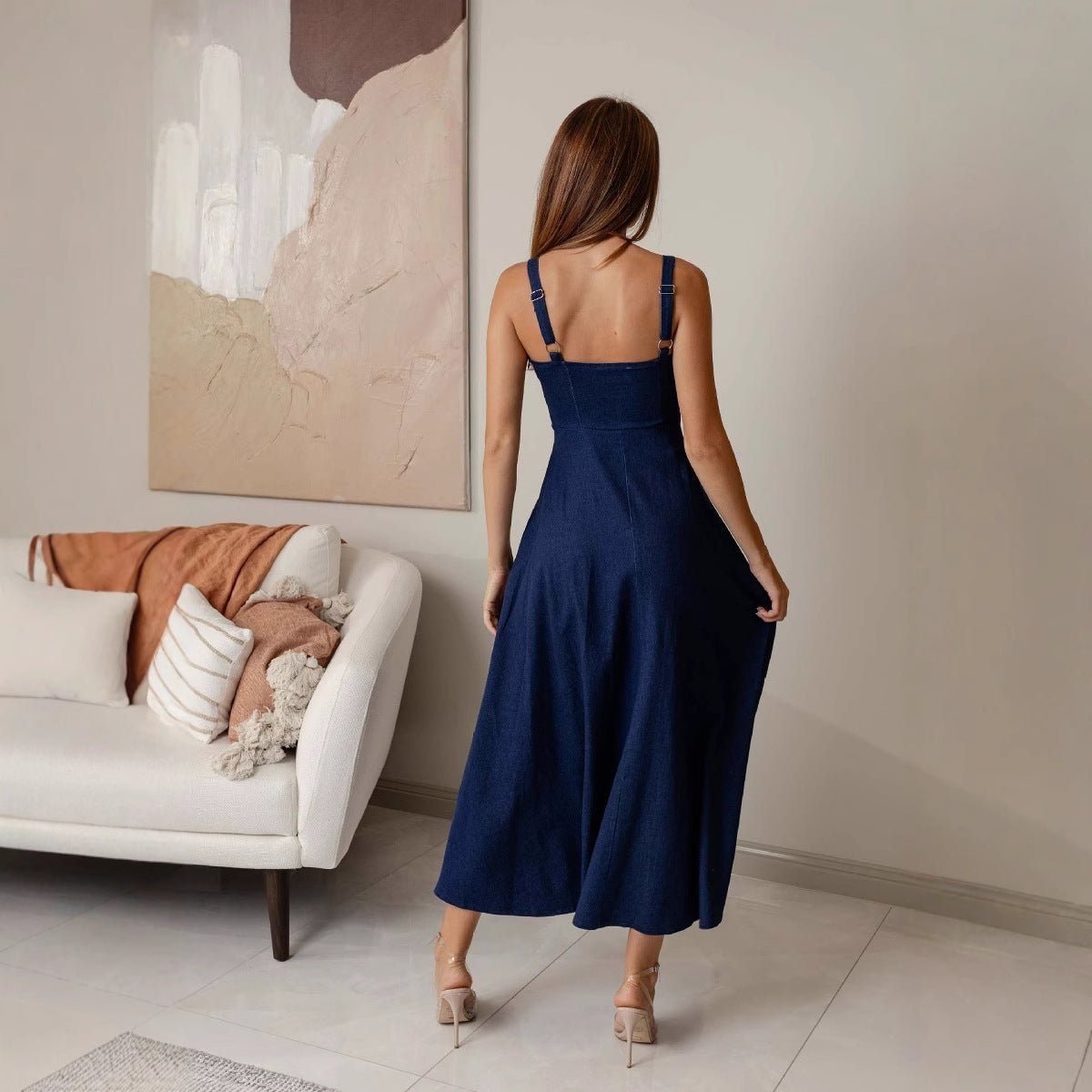 Navy Blue Backless and Sleeveless midi Denim Dress