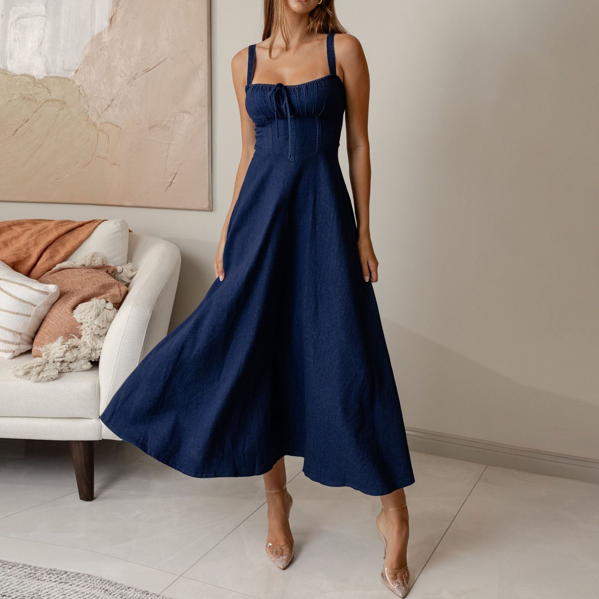 Navy Blue Backless and Sleeveless midi Denim Dress