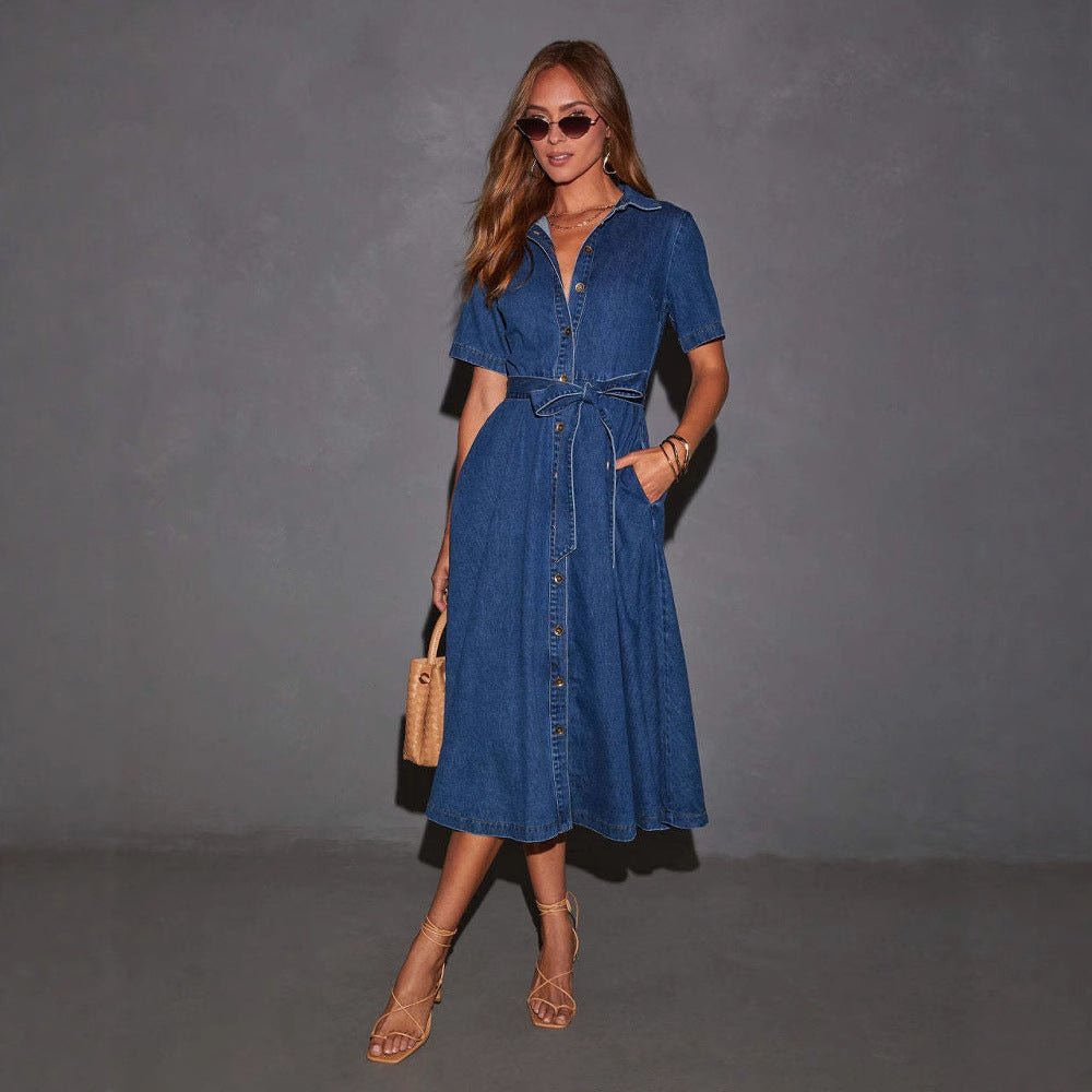 New Retro V Neck Strappy midi Denim Dress