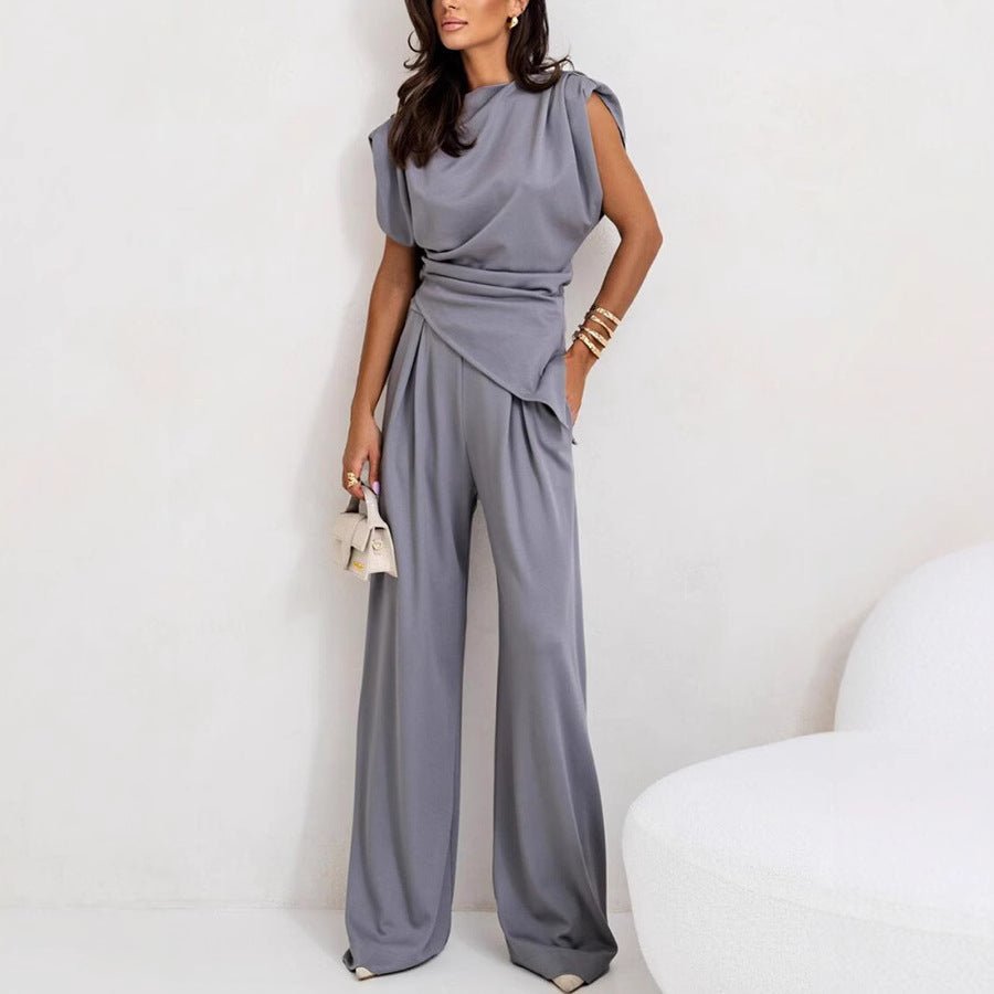 Solid Color Irregular 2 pc sleeveless shirt and trouser set