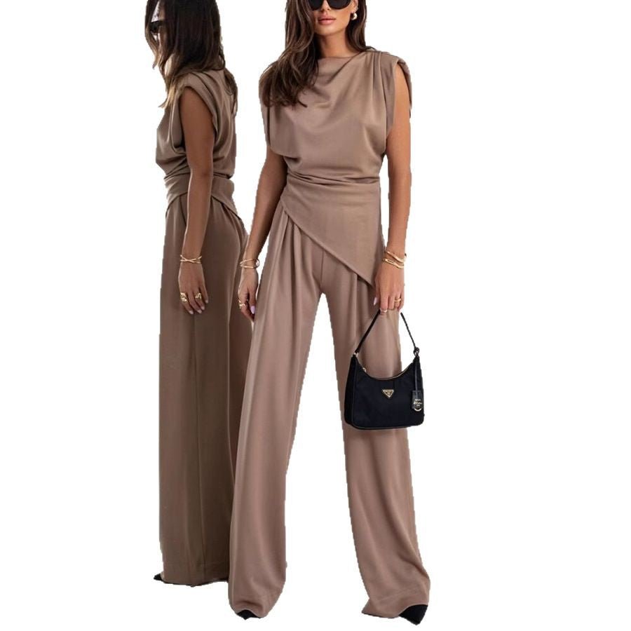Solid Color Irregular 2 pc sleeveless shirt and trouser set