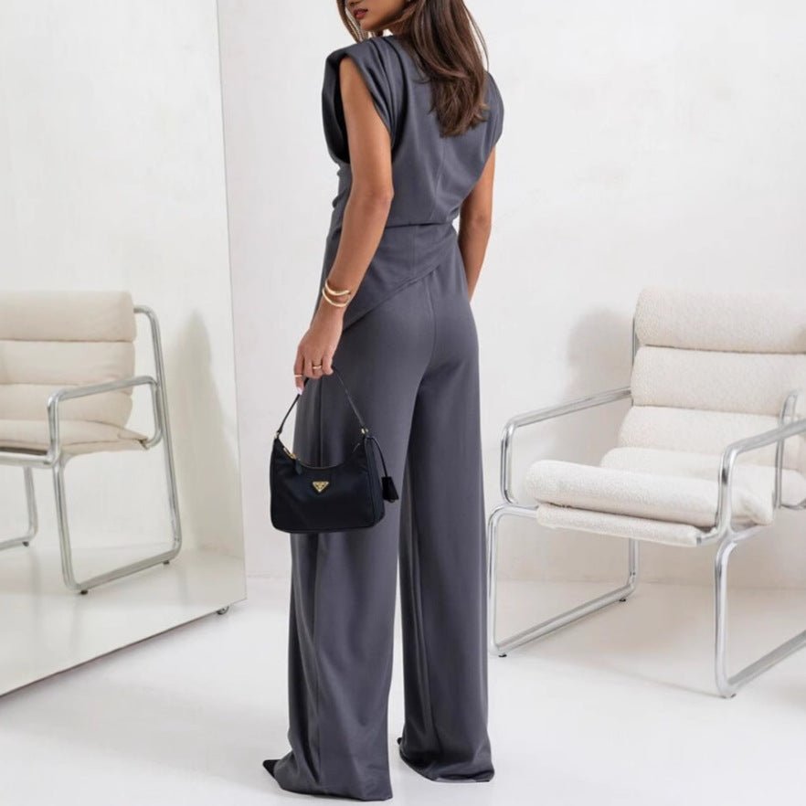 Solid Color Irregular 2 pc sleeveless shirt and trouser set