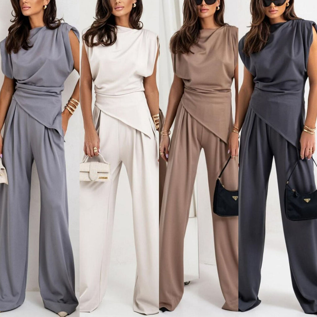 Solid Color Irregular 2 pc sleeveless shirt and trouser set