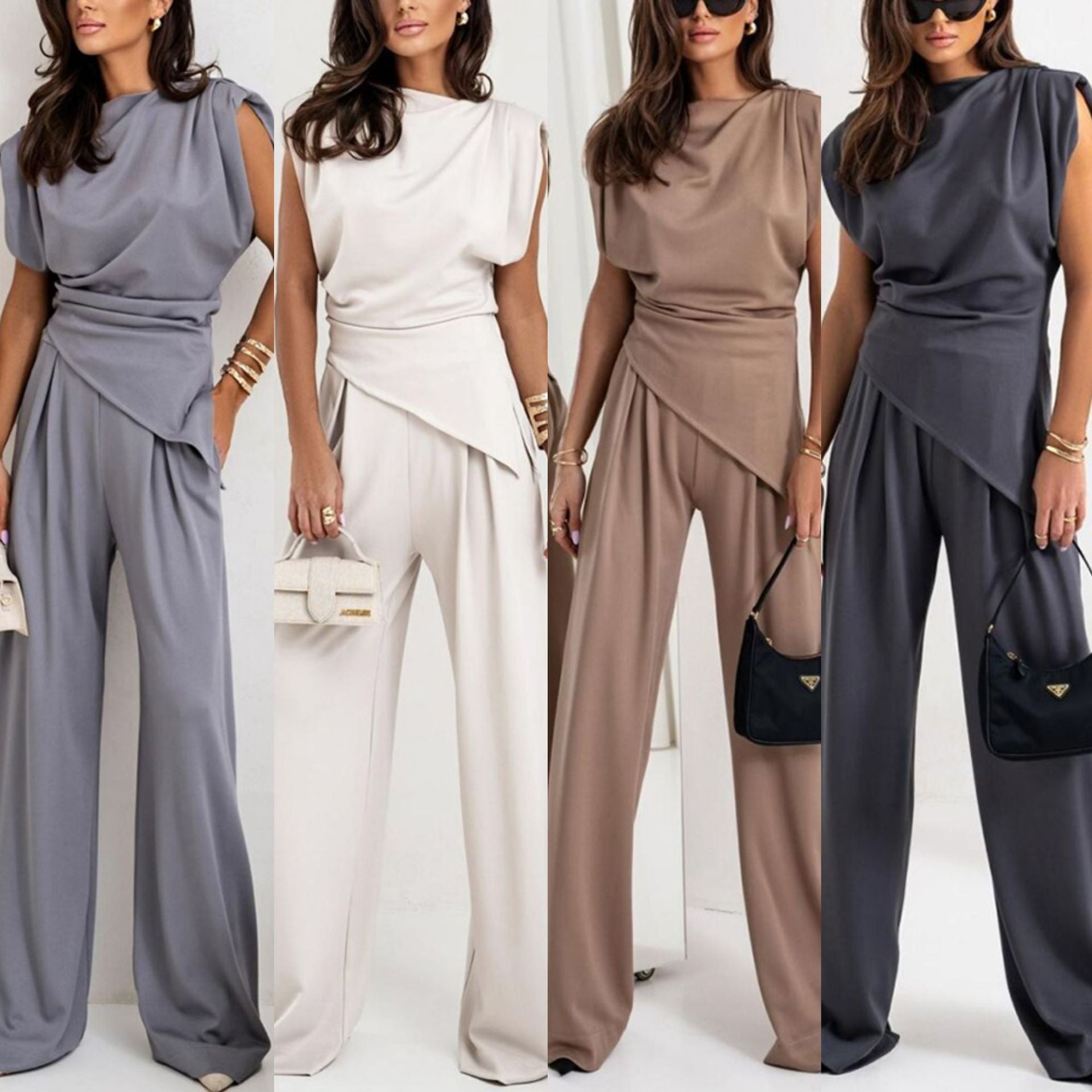 Solid Color Irregular 2 pc sleeveless shirt and trouser set
