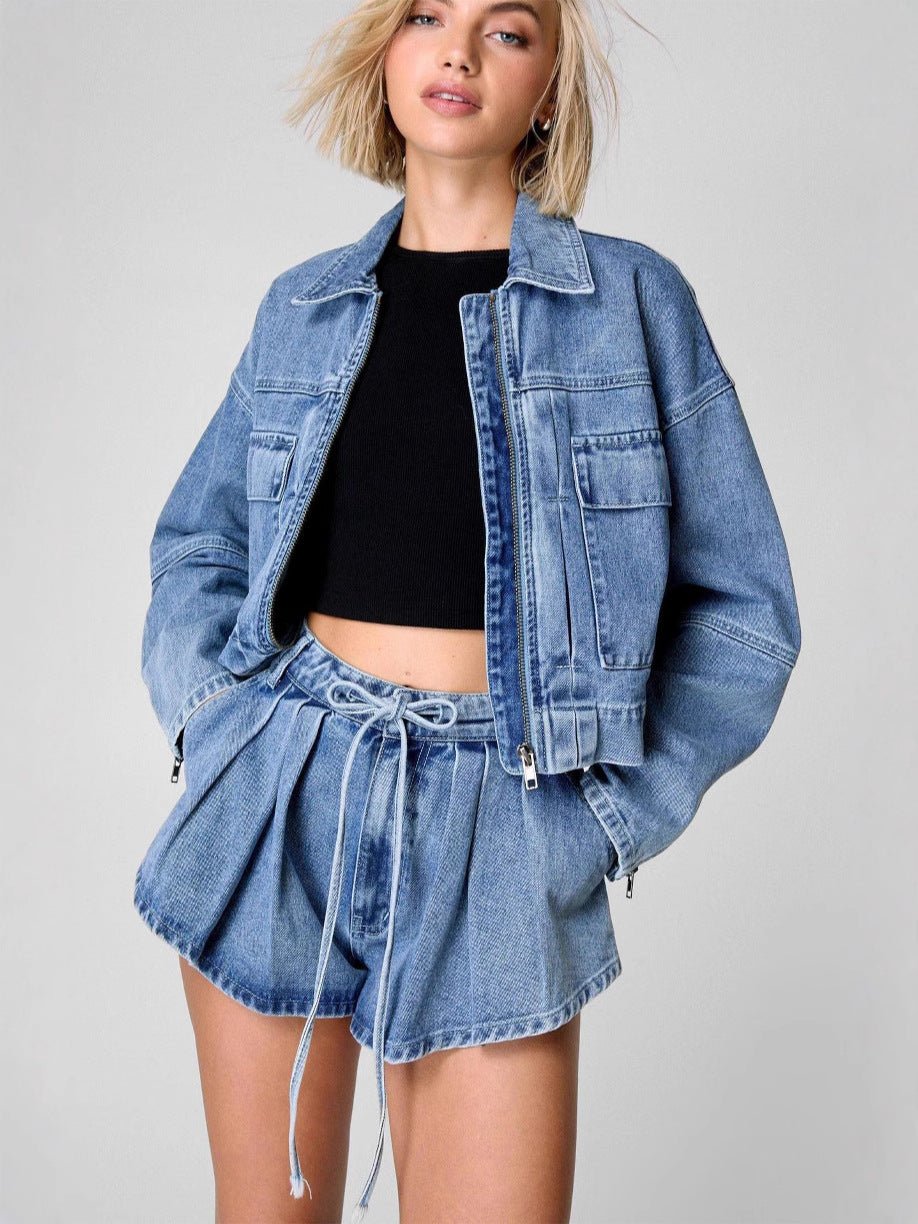 Acid washed light blue high-Waisted Loose denim flippy Short and Jacket set
