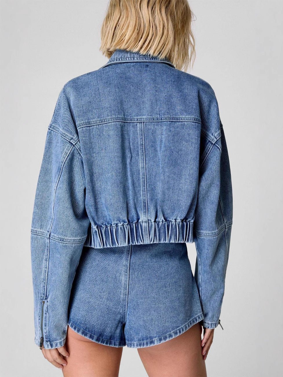 Acid washed light blue high-Waisted Loose denim flippy Short and Jacket set