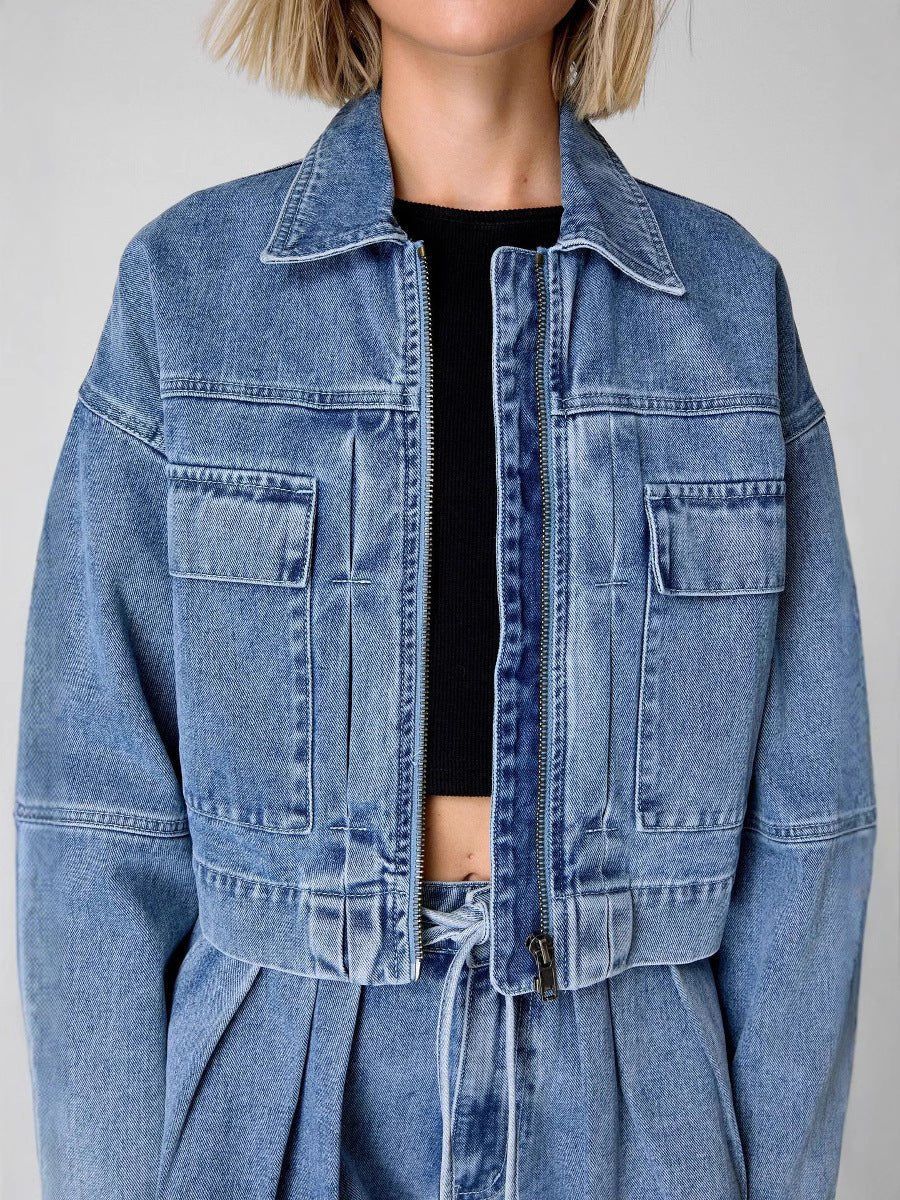 Acid washed light blue high-Waisted Loose denim flippy Short and Jacket set