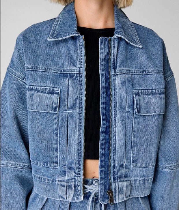 Acid washed light blue high-Waisted Loose denim flippy Short and Jacket set