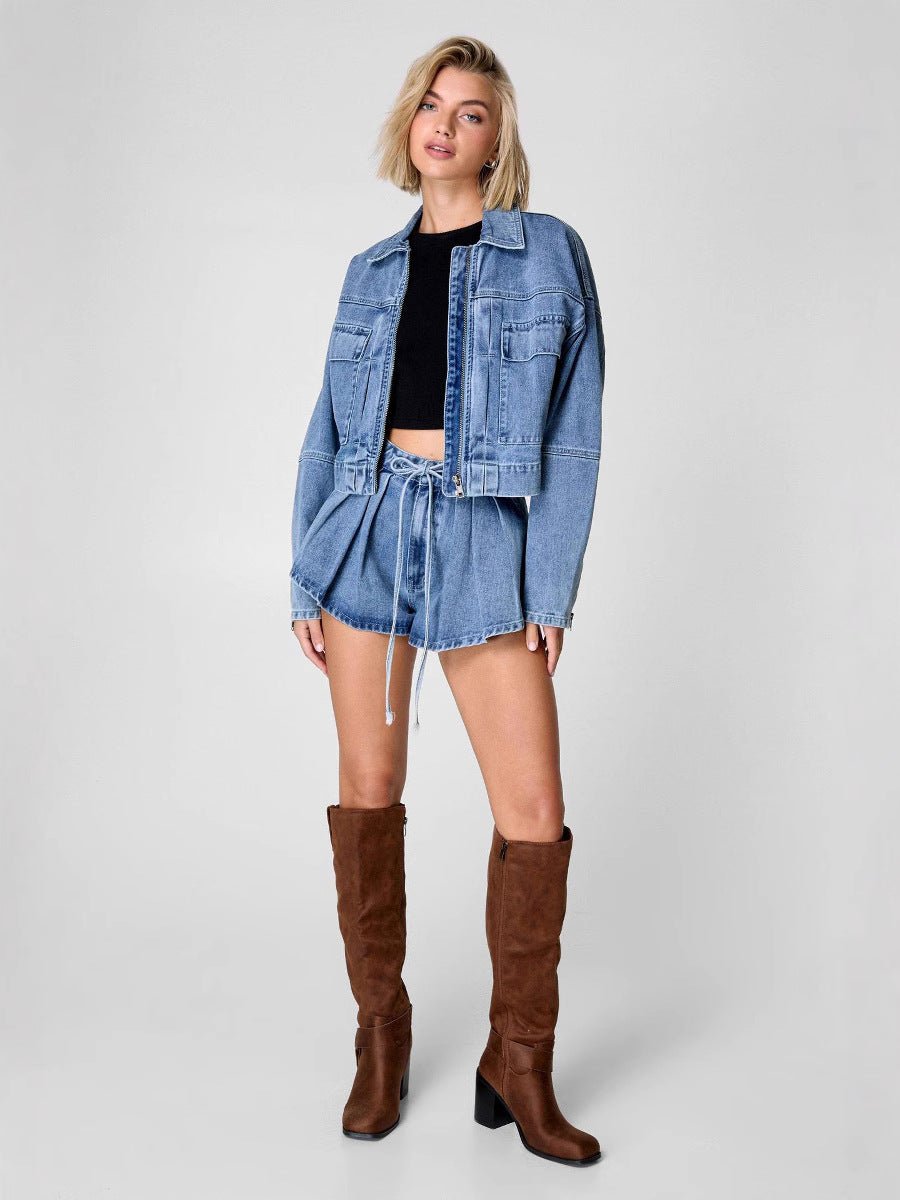 Acid washed light blue high-Waisted Loose denim flippy Short and Jacket set