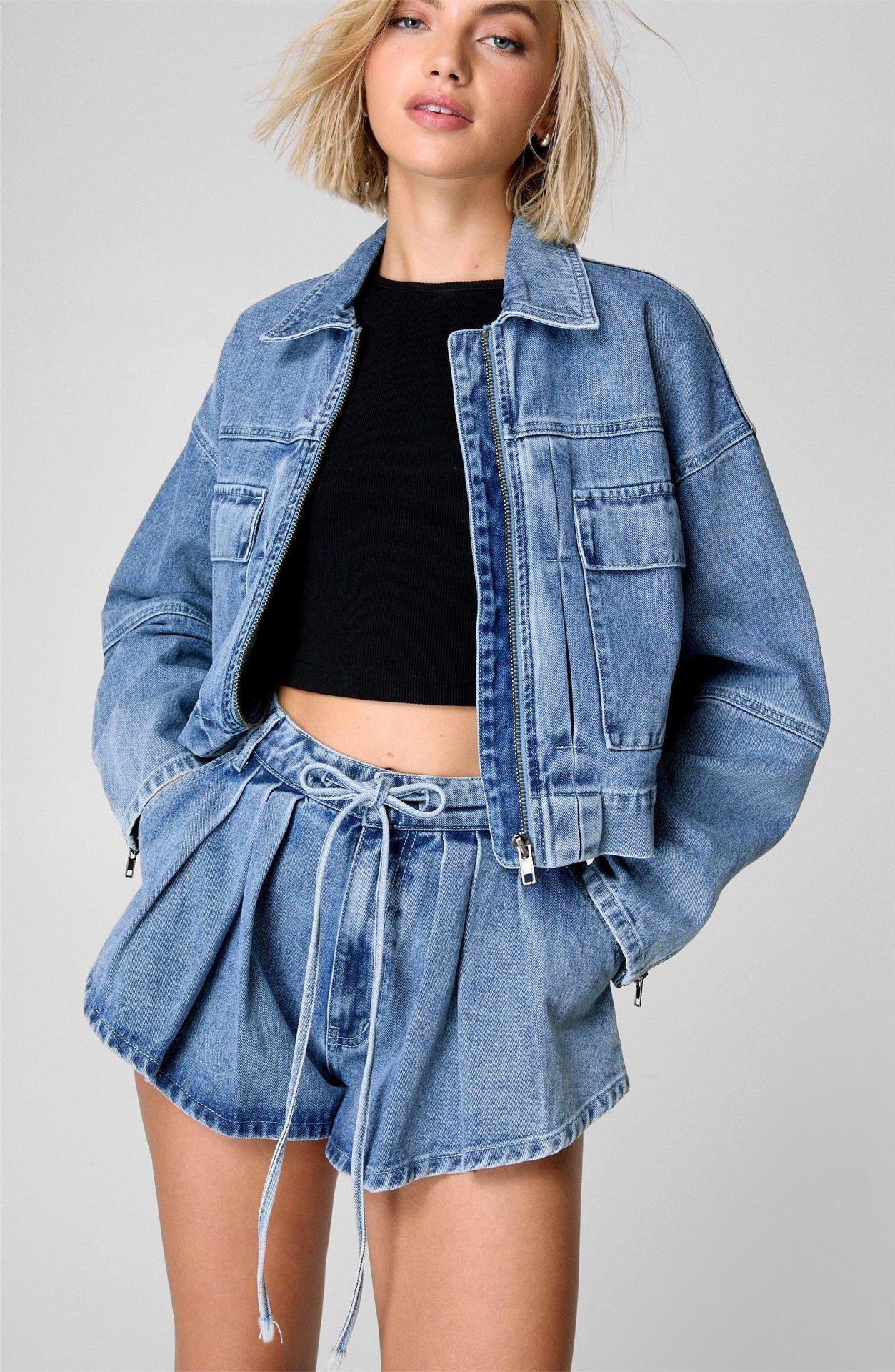 Acid washed light blue high-Waisted Loose denim flippy Short and Jacket set